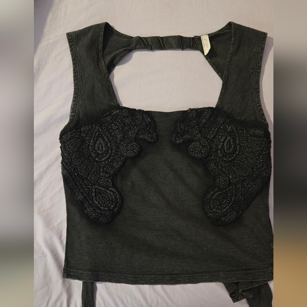 Free People Vintage-Women's Black Embellished Beaded Open Back Tank Top